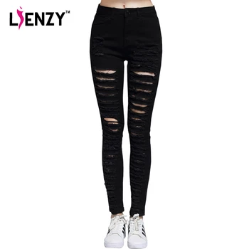 2016 New Summer Autumn Women's High Waist Ripped Jeans Individuality Summer Style Hole Black Hollow Out Tight Pencil Pants