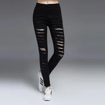 2016 New Summer Autumn Women's High Waist Ripped Jeans Individuality Summer Style Hole Black Hollow Out Tight Pencil Pants