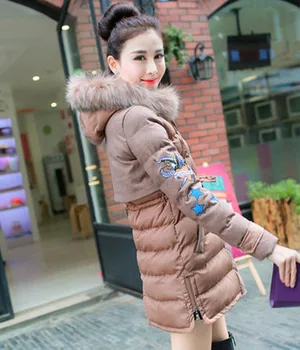 Winter Thick Long Cotton-Padded Coats Women Wool Patchwork Raccoon Fur Collar Overcoat Print Hooded Coat E882