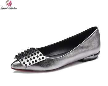 Original Intention High-quality Women Flats Cow Leather Sexy Pointed Toe Causal Flats Grey Wine Red Shoes Woman US Size 4-10