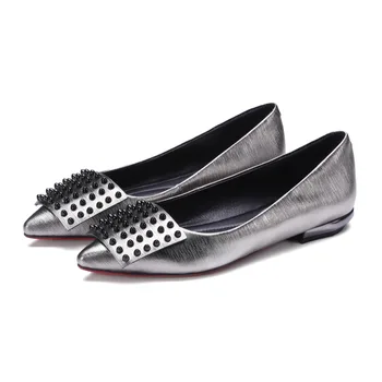 Original Intention High-quality Women Flats Cow Leather Sexy Pointed Toe Causal Flats Grey Wine Red Shoes Woman US Size 4-10