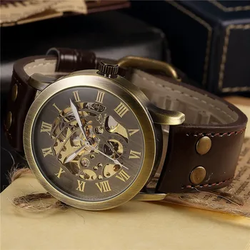 Relogio feminino Men's Steampunk Bronze Skeleton Self-Winding Auto Mechanical Leather Wrist Watch Montre Men Watches relogios