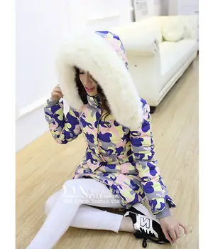 Winter new Korean fashion Women camouflage jacket medium long thick fox fur collar Slim white duck Down jacket S-XXL D2112