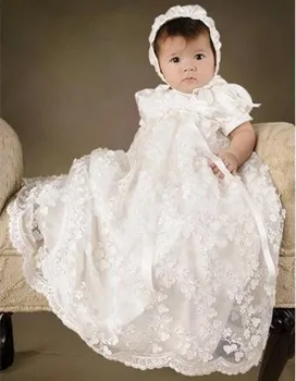 Infant Girls Christening Dress Todder Baptism Gown Lace Satin White/Ivory Baby Girls Birthday Dress WITH BONNET