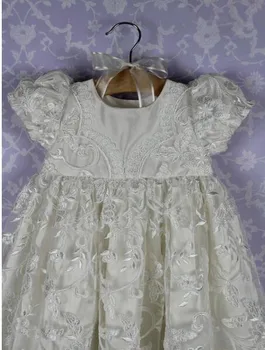2016 Lolita Baby Infant Christening Dress Baptism Gown Lace Applique Short Sleeves White/Ivory