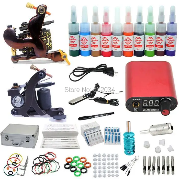 USA Dispatch Complete Pro Starter Tattoo Kit 2 Machines Guns 10 Inks Colors LCD Power Needles Tips Grips Equipment set supply