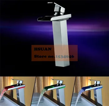 Water power supply electric bathroom undercounter basin hot and cold mixer LED light waterfall tall faucet