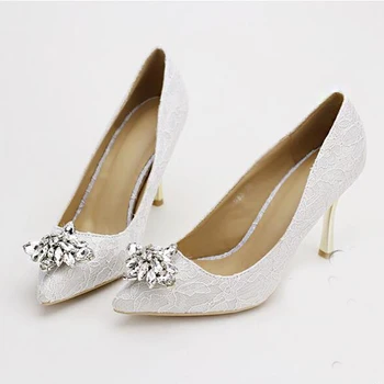 Women Wedding Shoes Pointed Toe White lace rhinestones Bridal Shoes High Heels Elegant Party Shoes Satin Sapatos Femininos