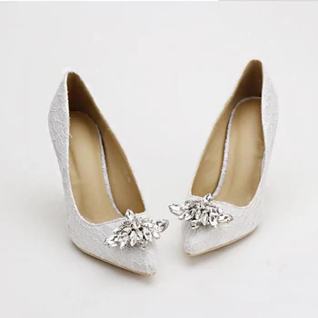 Women Wedding Shoes Pointed Toe White lace rhinestones Bridal Shoes High Heels Elegant Party Shoes Satin Sapatos Femininos