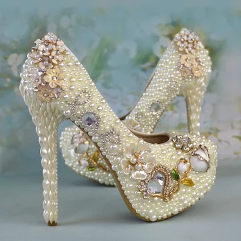 Spring Women Wedding Shoes White Crystal Pearl High Heels Women's Pumps Rhinestone Platform Shoes Woman Elegant Bridal Shoes
