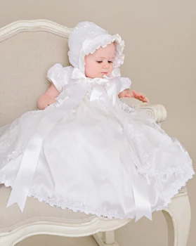 New Baby Infant Girls Christening Dress Baptism Gown White Ivory Lace Satin Sash 0-24month With Bonnet