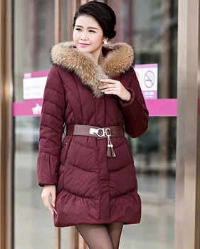 Winter Mid-Aged Women Duck Down Parkas Plus Size Big Fur Collar Mum Slim Overcoat Solid Belt Zipper Long Coat 4Xl 5Xl E790
