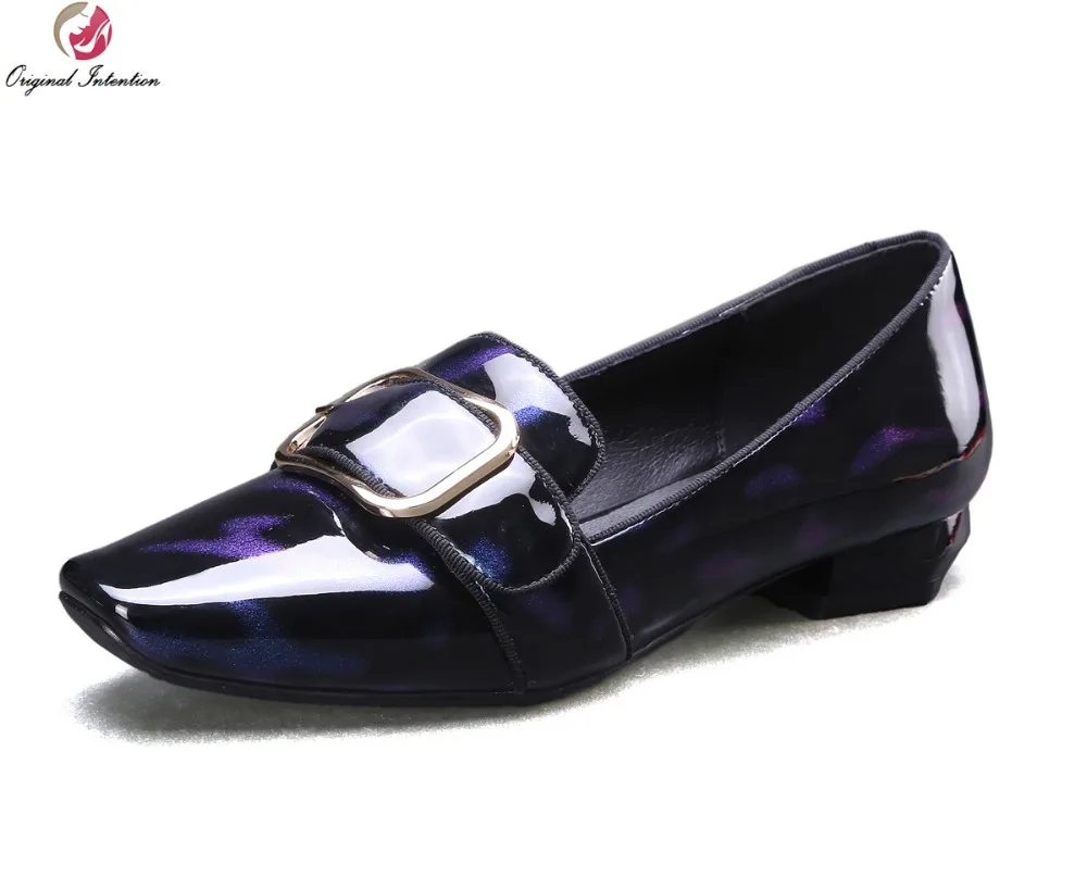 Original Intention Popular Women Casual Shoes Fashion Patent Leather Square Toe Fashion Blue and Purple Shoes Woman US Size 4-10