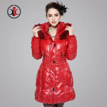 Winter Female Tops Fashion Shiny Hood Down Jackets Raccoon Fur Collar Medium-Long Women Slim Duck Down Lady Coat M-Xxxl D1545