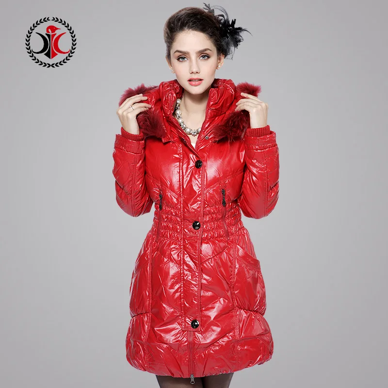 Winter Female Tops Fashion Shiny Hood Down Jackets Raccoon Fur Collar Medium-Long Women Slim Duck Down Lady Coat M-Xxxl D1545