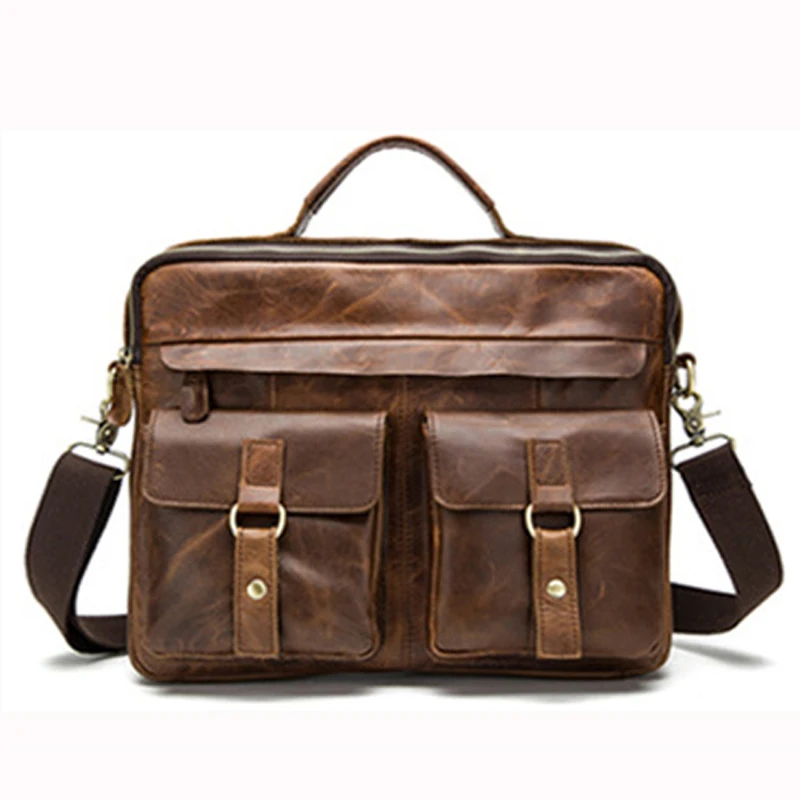 Men vintage Business Laptop Bags Briefcases Messenger Genuine Leather totes men suitcase with 2 pockets maleta masculina