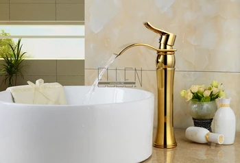 Tall bathroom waterfall wash basin faucet chrome oil rubbed bronze gold finish sink tap bend spout mixer