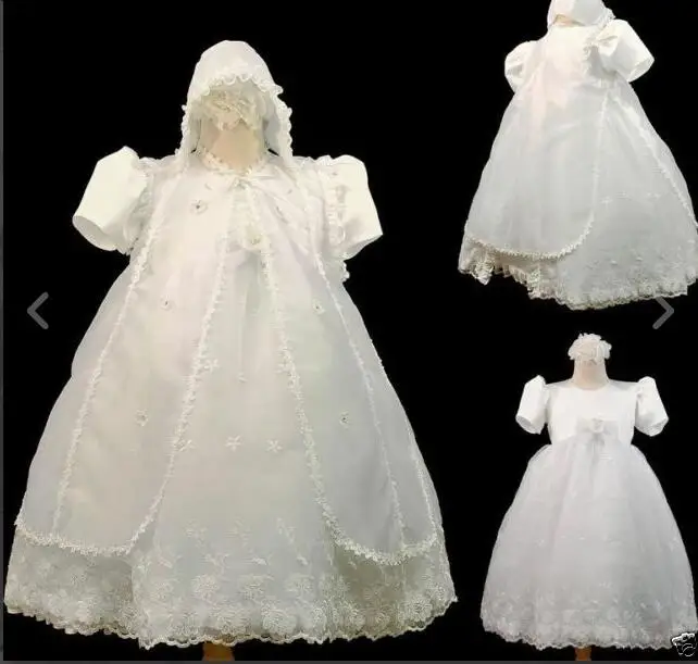 New Todder Baby Infant Christening Gowns Baptism Lace Princess First Communion Dresses WITH BONNET Sash 0-24month