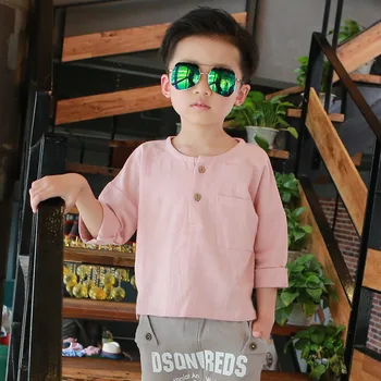 ActhInK New Boys Summer Solid Three Quarter T-Shirts Kids Linen European Style Sports Pullover Children Shirts with Pocket,AC063