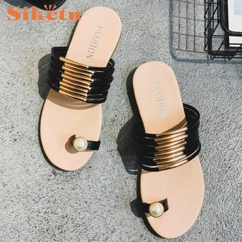Women Sandals Shoes Top Quality Fashion Pearl Set Toe Summer Flat Flip Flops Loafers Bohemia Shoes Sandalias 17May2