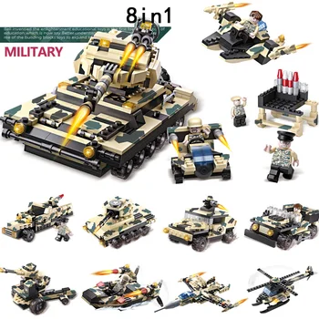 Mordern military wars Special assault force 8in1 tank building block fighter helicopter Armored car speed boat figures boys toys