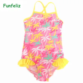 Girls Swimwear One Piece Swimsuit for Girl 2T-12T Cute baby girl bathing suit Yellow Tree Print Children swim wear