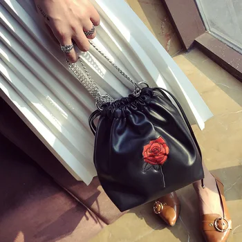 New Arriving Women PU Leather Shoulder Bag Floral Printing Drawstring Messenger Crossbody Bags Fashion Ladies Tote Handbag
