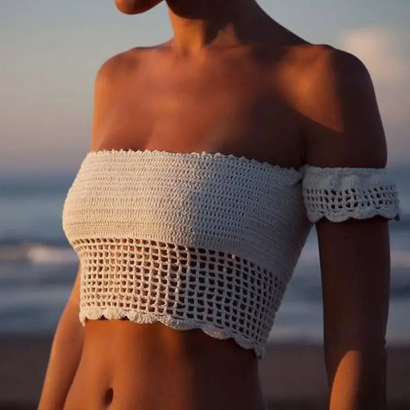 Sexy Knitted Crochet White Crop Tops Bikini Beachwear 90's Girls Lace Up Off Shoulder Bikini Bra Tank Top Cropped 456