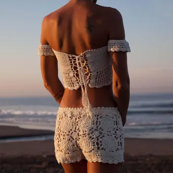 Sexy Knitted Crochet White Crop Tops Bikini Beachwear 90's Girls Lace Up Off Shoulder Bikini Bra Tank Top Cropped 456