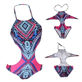 Women One Piece SwimSuit Totem Printed Swimwear Bathing Suit Bodysuit High Neck Monokini Beachwear High Neck Trikini