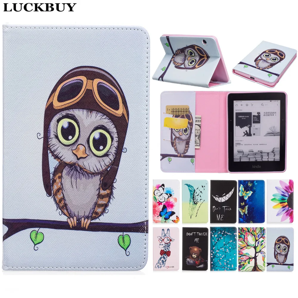 LUCKBUY Colorful Print PU Leather With Soft TPU Back Cover Cute Book Protective Case For Amazon Kindle Voyage 6