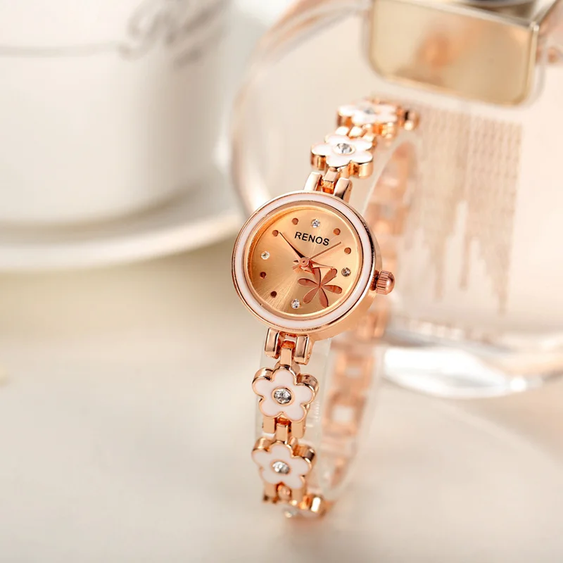 RENOS Quartz Watch Women Simple Flowers Rose Gold Simple Stainless Steel Band Watches Dress Fashion Casual Wristwatch Female