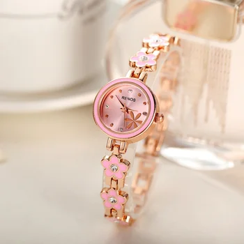 RENOS Quartz Watch Women Simple Flowers Rose Gold Simple Stainless Steel Band Watches Dress Fashion Casual Wristwatch Female
