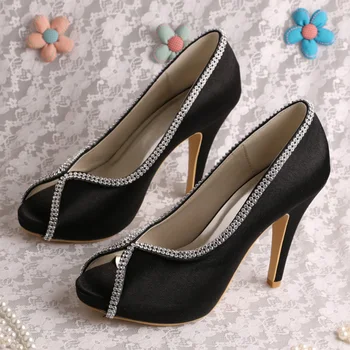 Wedopus 16 Colors Black Satin Wedding Rhinestone Shoes Open Toe High Heels Large Size 42