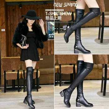 2017 new Fashion PU Leather Over Knee Boots Women Sequined Toe Elastic Stretch Thick Heel High Riding Boots Big Size 40 W8858W