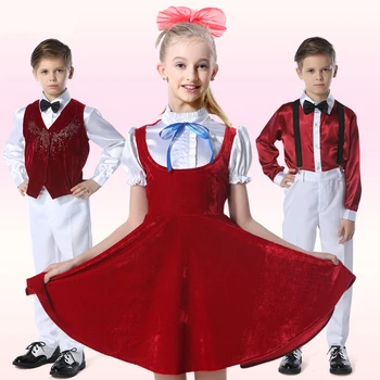 Children Festival Performances Suit Kids Social Dance Costume Wine Red/Blue/Purple/Black Boys Girls Chorus Clothing