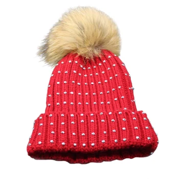 Newly Design Women Girls Winter Warm Hat Knitted Wool Caps Faux raccoon fur Ball Beanies 161006