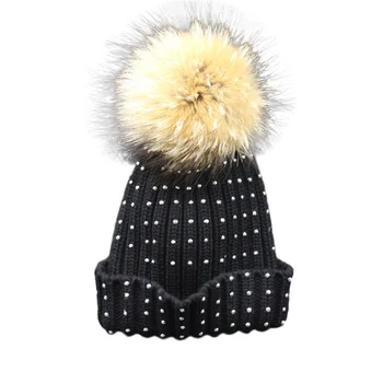 Newly Design Women Girls Winter Warm Hat Knitted Wool Caps Faux raccoon fur Ball Beanies 161006