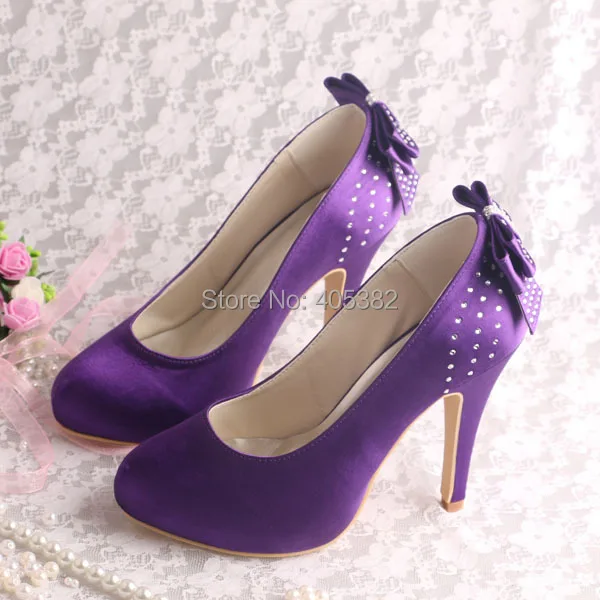 Wedopus MW100 Purple Satin High Heels Hot Wedding Shoes Platform Bow Back 10cm Heel Height