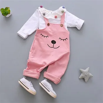 2016 baby girl clothing sets fashion white turn-down collar t-shirt and cartoon pattern suspenders pants for autumn