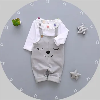 2016 baby girl clothing sets fashion white turn-down collar t-shirt and cartoon pattern suspenders pants for autumn
