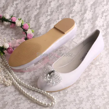 20 Colors)Real Leather Insole White Round Toe Diamond Satin Wedding Flat Shoes for Bride Euro Size 34-42#