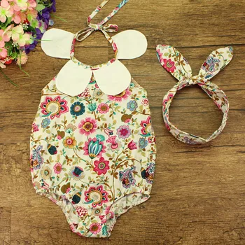 Infant Babys Rompers + Shorts + Headwear 3 Pcs Set Floral Print Rompers Halter Neck Floral Collar Ruffles Shorts Headwewar