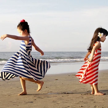 2017 Girls Bohemian Beach Dress Striped Princess Dress Children's Clothing Full Dresses Kids Baby Red Navy Blue 3-15 Years Old