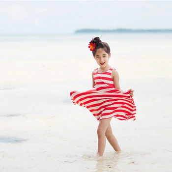 2017 Girls Bohemian Beach Dress Striped Princess Dress Children's Clothing Full Dresses Kids Baby Red Navy Blue 3-15 Years Old
