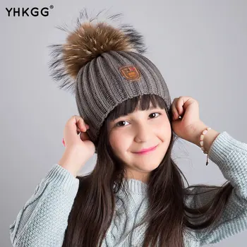 YHKGG2016New Arrive Fashion Winter Real Raccoon Fur Hat Real Fur pompom Beanies Cap Natural Fur Hat For Kids/Children/boys/girls