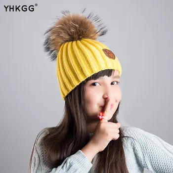 YHKGG2016New Arrive Fashion Winter Real Raccoon Fur Hat Real Fur pompom Beanies Cap Natural Fur Hat For Kids/Children/boys/girls
