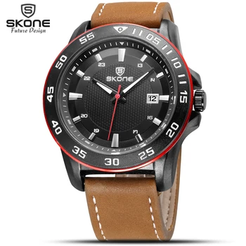 SKONE Luxury Top Brand Watches Men Fashion Casual Quartz Watch Classic Date Genuine Leather Male Wristwatch Relogio Masculino