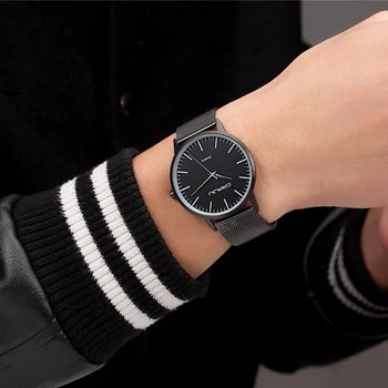 Top Brand Luxury Men's Watches Casual Black dial ultra thin stainless steel Mesh strap quartz watch men clock male gift
