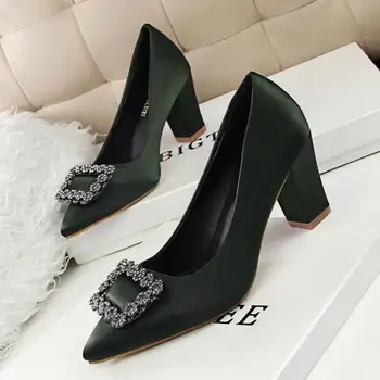 New Women Pumps Elegant Buckle Rhinestone Silk Satin High Heels Shoes Woman Sexy Pointed Toe Single Shoes OL Dress Party Shoes